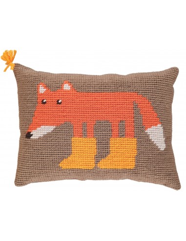 Coussin Brodé Main / Renard à bottes 30cm X 40cm Livraison rapide